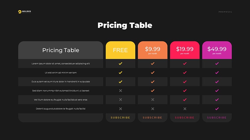 Pricing Table Template slide dark 05