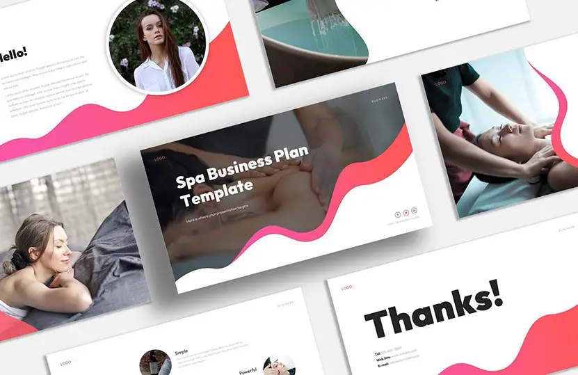 The cover image of the spa business powerpoint template and google slides theme.