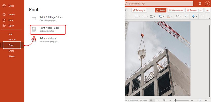 Choose Print Notes Pages in PowerPoint Online
