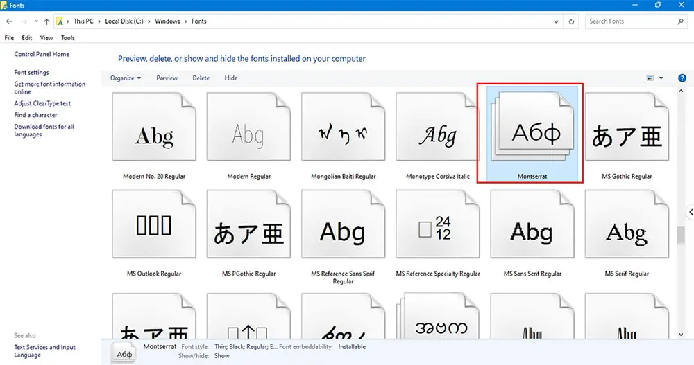 Screenshot 06 - the Fonts folder of Windows