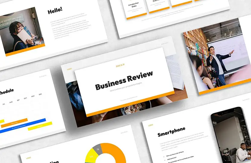 the cover image of the business review powerpoint template