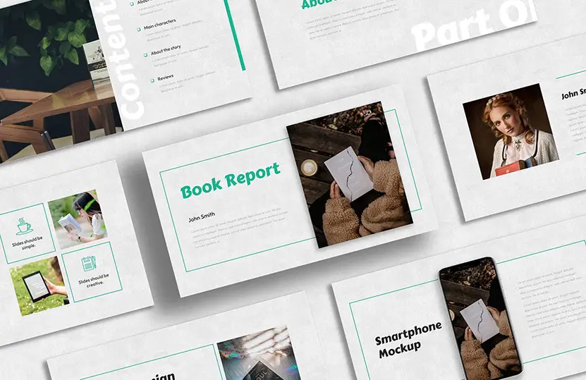 The cover image of the Book Report PowerPoint Template and Google Slides Theme.