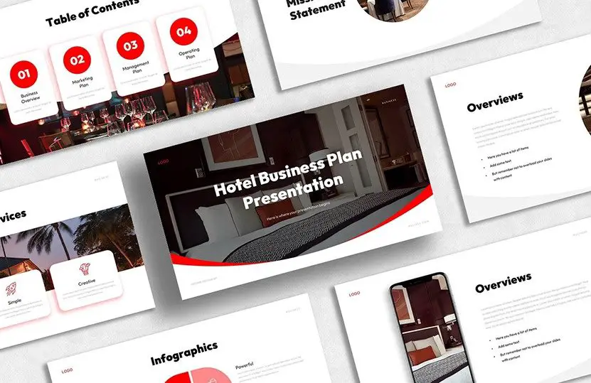 Cover image of the hotel business plan presentation template for PowerPoint and Google Slides