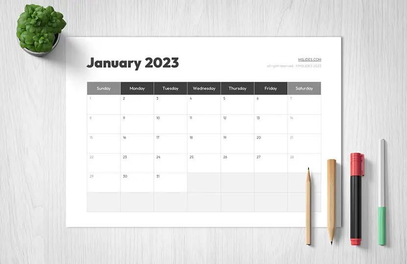 Cover of the blank January 2023 calendar template for PowerPoint and Google Slides