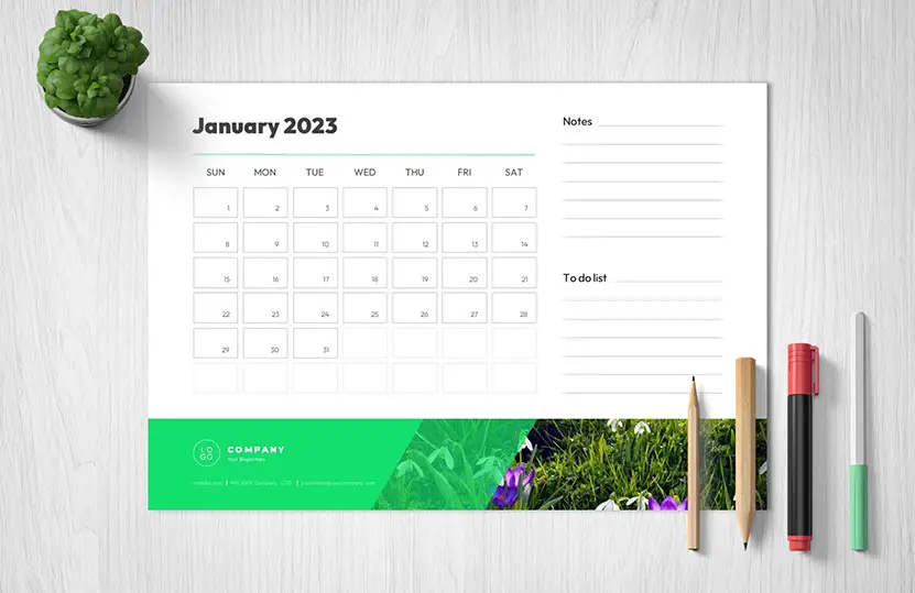Cover of this free printable January 2023 calendar template for PowerPoint and Google slides.