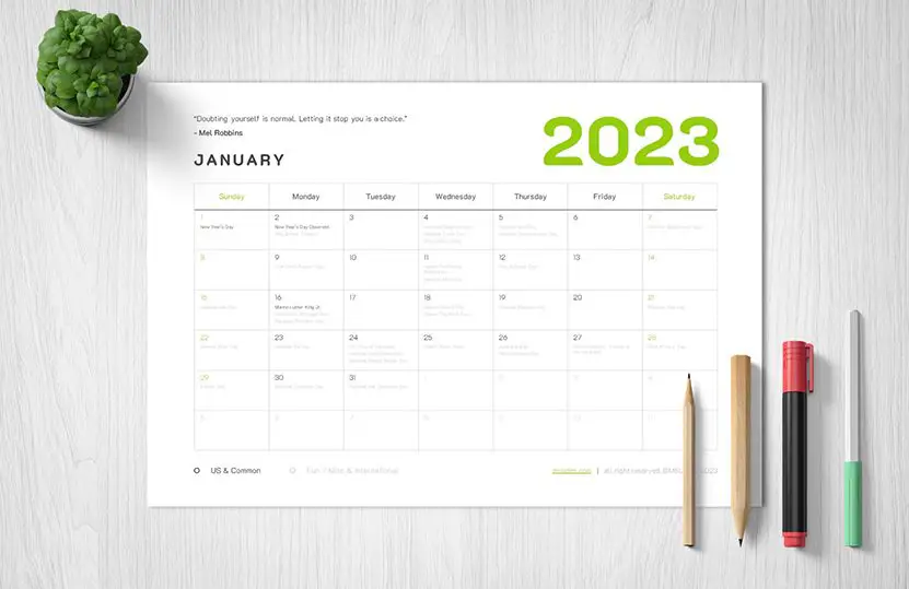 Cover of the January 2023 Calendar with Holidays Printable Template