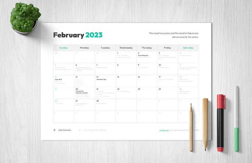 Cover of this Feb 2023 Calendar with Holidays.