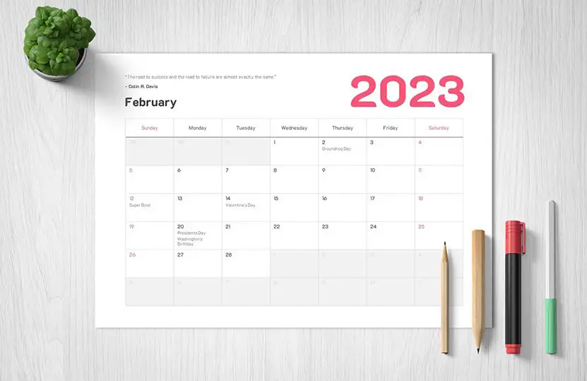 Cover of this February 2023 Calendar with Holidays printable template
