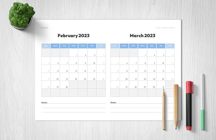 February and March 2023 Calendar Template: Free Download in PDF, PPTX, and Google Slides Formats