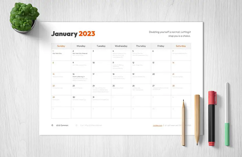 Cover of the Jan 2023 Calendar Template with holidays