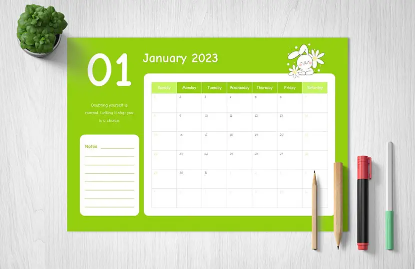 Cover of this January 2023 Calendar Cute Template for PowerPoint and Google Slides