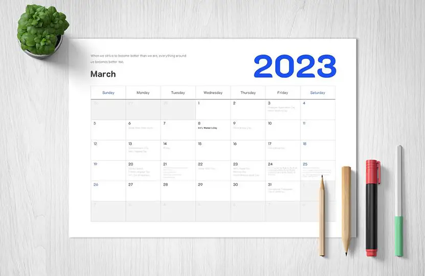 March 2023 Calendar with Holidays: Printable Calendar in PDF, PPTX, and Google Slides Formats