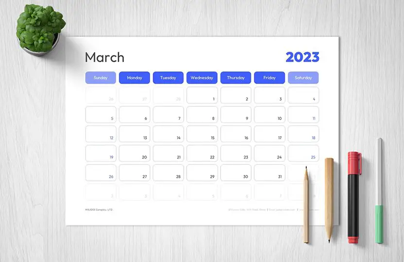 March Calendar 2023: Printable Template Free Download in PDF, PPT, and Google Slides Format