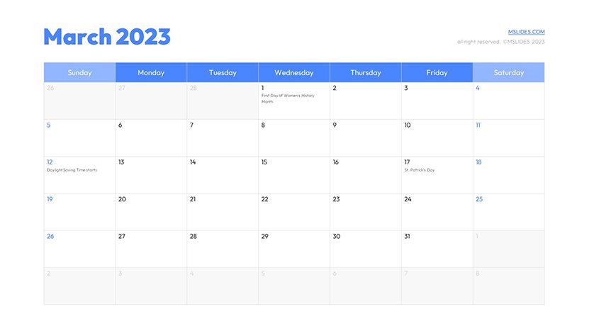 PowerPoint Calendar Template 2023 Free Download - MSLIDES