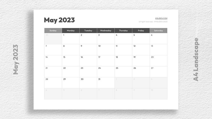 Blank May 2023 Calendar: Free Download in PDF, PowerPoint, and Google Slides Formats - A4 Landscape
