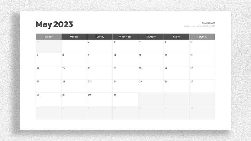 Blank May 2023 Calendar: Free Download in PDF, PowerPoint, and Google Slides Formats - Widescreen