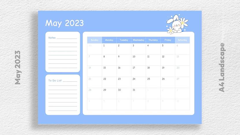 Cute May 2023 Calendar Free Download - A4 Landscape