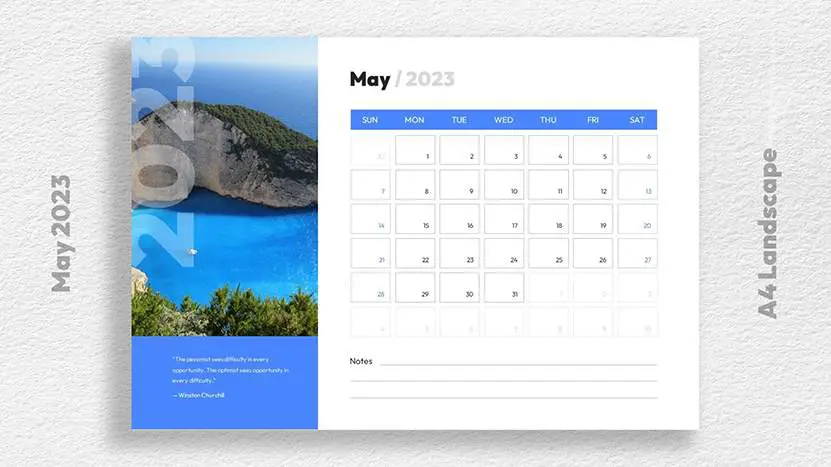 May 2023 Calendar Template Free Download - A4 Landscape