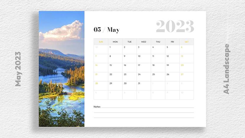 Monthly Calendar for May 2023 Free Download - A4 Landscape