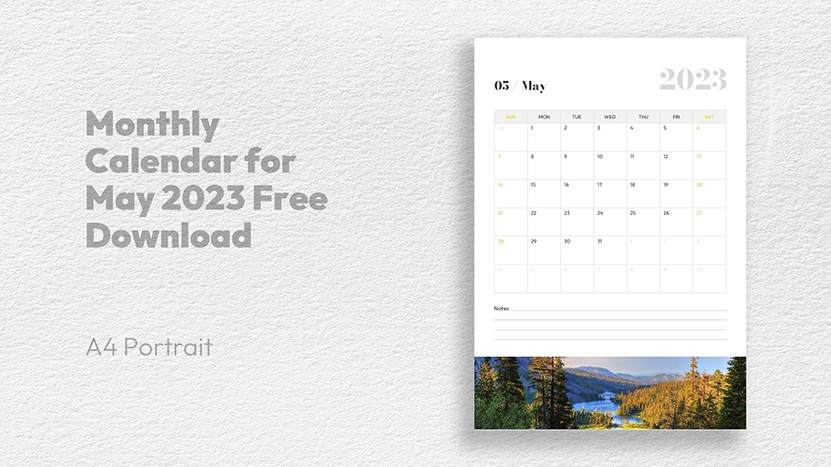 Monthly Calendar for May 2023 Free Download - A4 Portrait