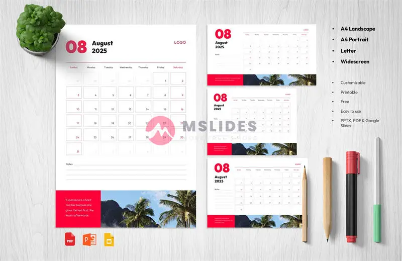 2025 Monthly Calendar PowerPoint Template - August