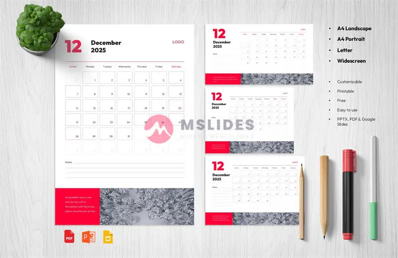 2025 Monthly Calendar PowerPoint Template - December